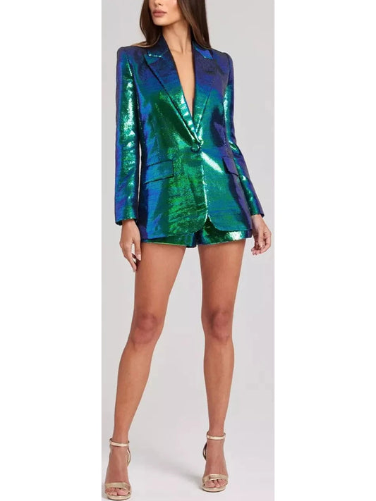 Green Sequin Embellished Blazer and Short Set - Branna Couture