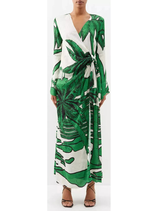 Green and White Palm-Printed Jacquard Wrap Dress - Branna Couture