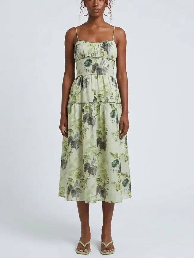 Green Botanical Print Tiered Midi Dress - XS - Dresses