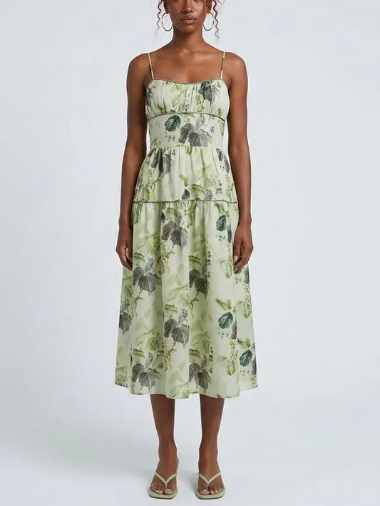 Green Botanical Print Tiered Midi Dress - XS - Dresses
