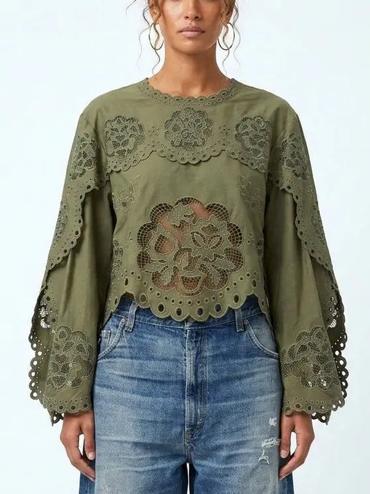 Green Cotton Floral Eyelet Blouse - Small - Tops