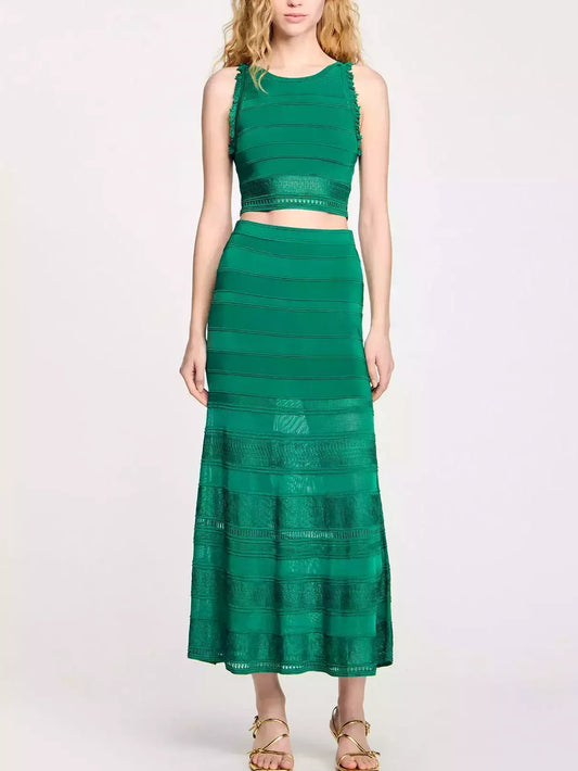 Green Knit Paneled Crop Top and Skirt Set - Small - Suits & Sets