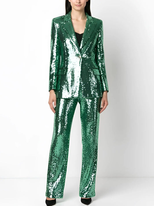 Green Sequin-Embellished Blazer and Pant Suit - S - Suits & Sets