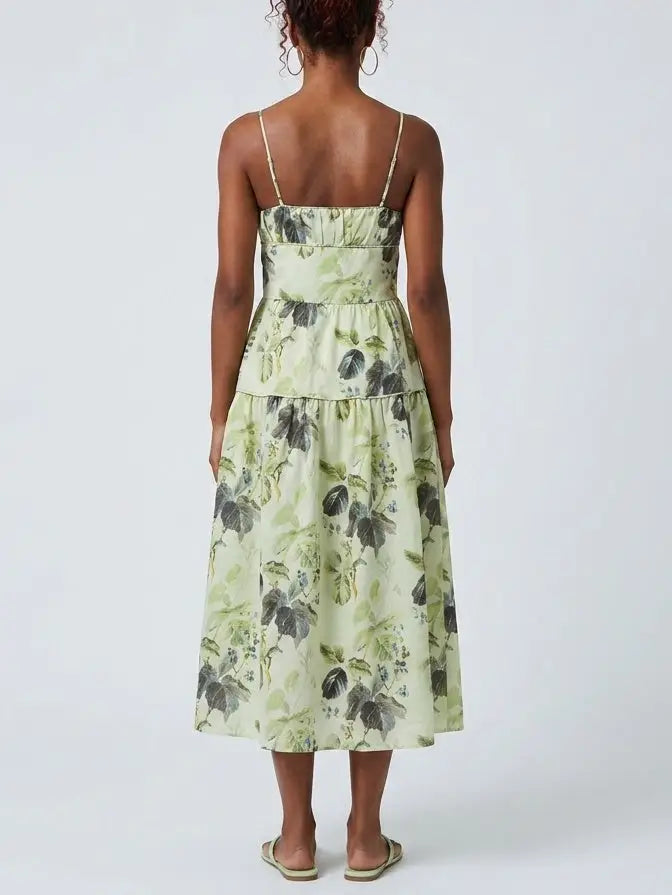 Green Botanical Print Tiered Midi Dress - Dresses