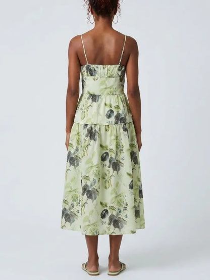 Green Botanical Print Tiered Midi Dress - Dresses