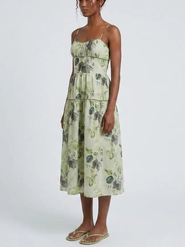 Green Botanical Print Tiered Midi Dress - Dresses