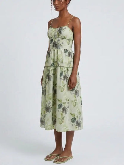 Green Botanical Print Tiered Midi Dress - Dresses