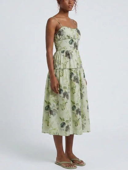 Green Botanical Print Tiered Midi Dress - Dresses