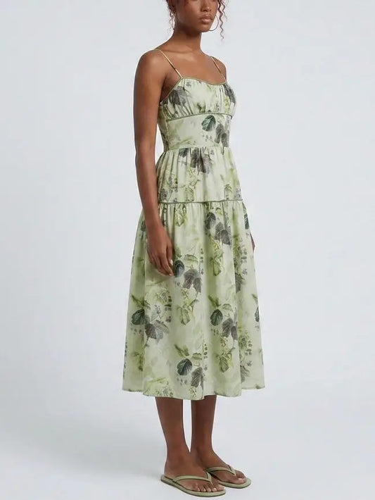 Green Botanical Print Tiered Midi Dress - Dresses