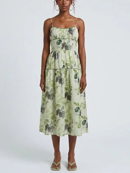 Green Botanical Print Tiered Midi Dress - Dresses