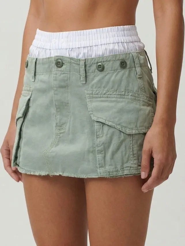Green Cargo Layered Mini Skort - Skirts