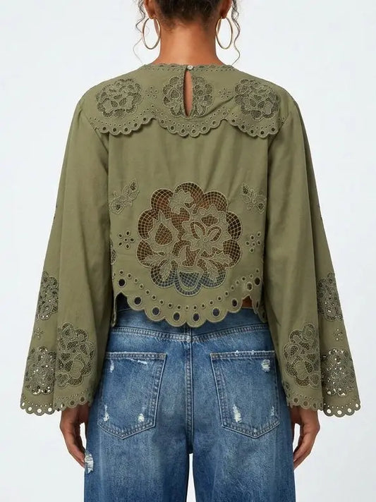 Green Cotton Floral Eyelet Blouse - Tops