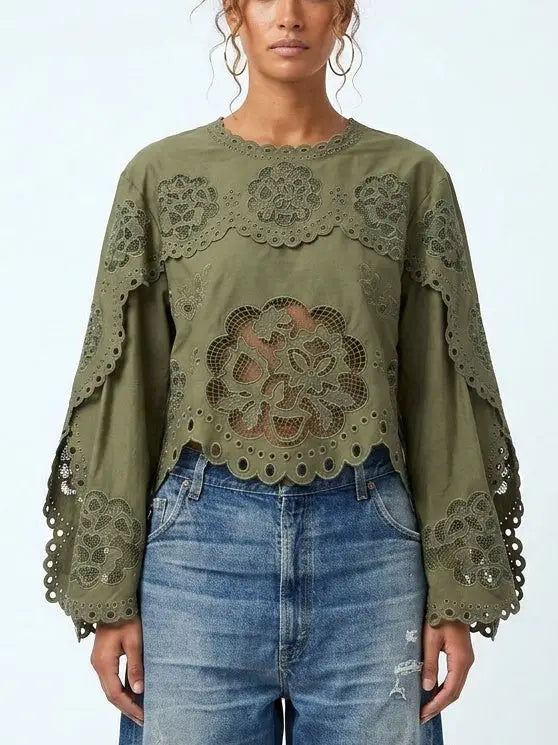 Green Cotton Floral Eyelet Blouse - Tops