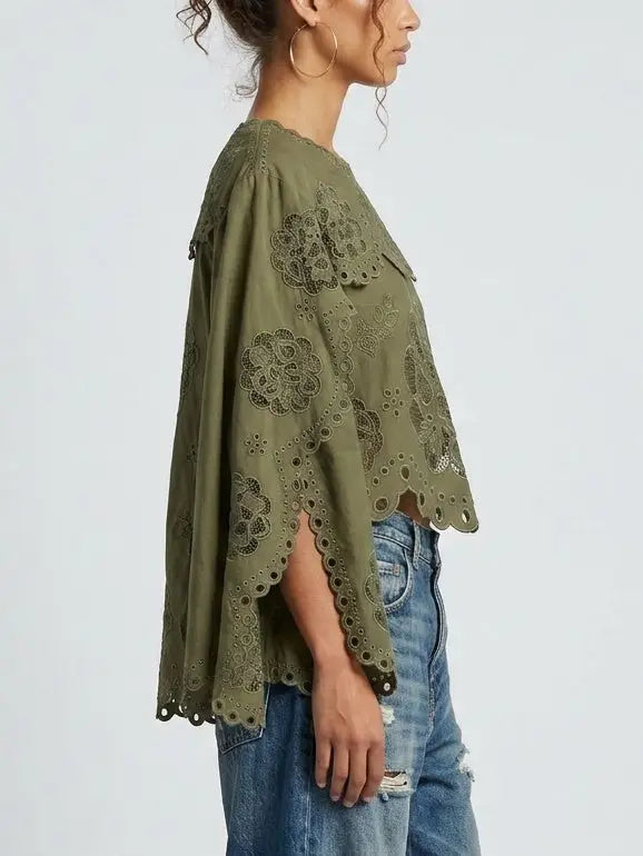 Green Cotton Floral Eyelet Blouse - Tops