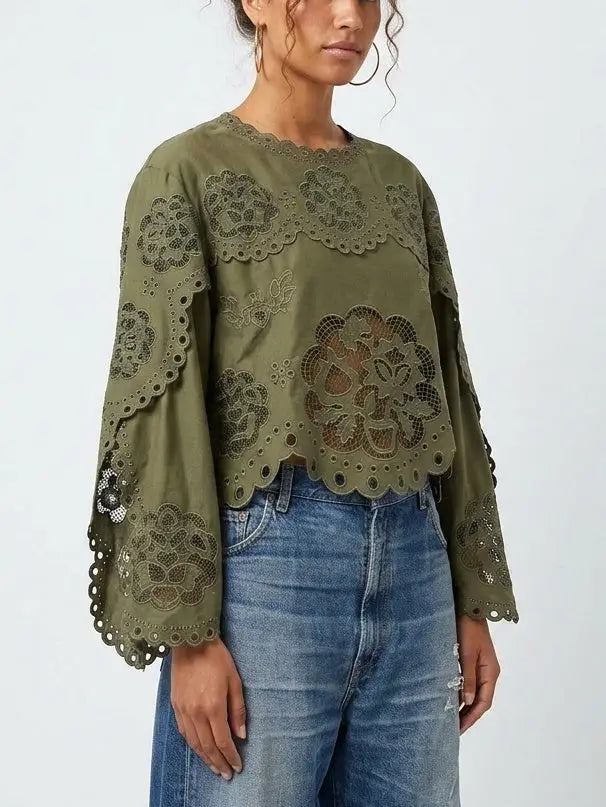 Green Cotton Floral Eyelet Blouse - Tops