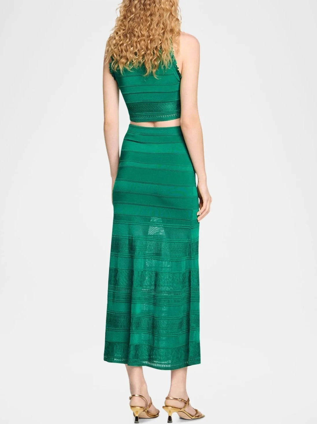 Green Knit Paneled Crop Top and Skirt Set - Suits & Sets