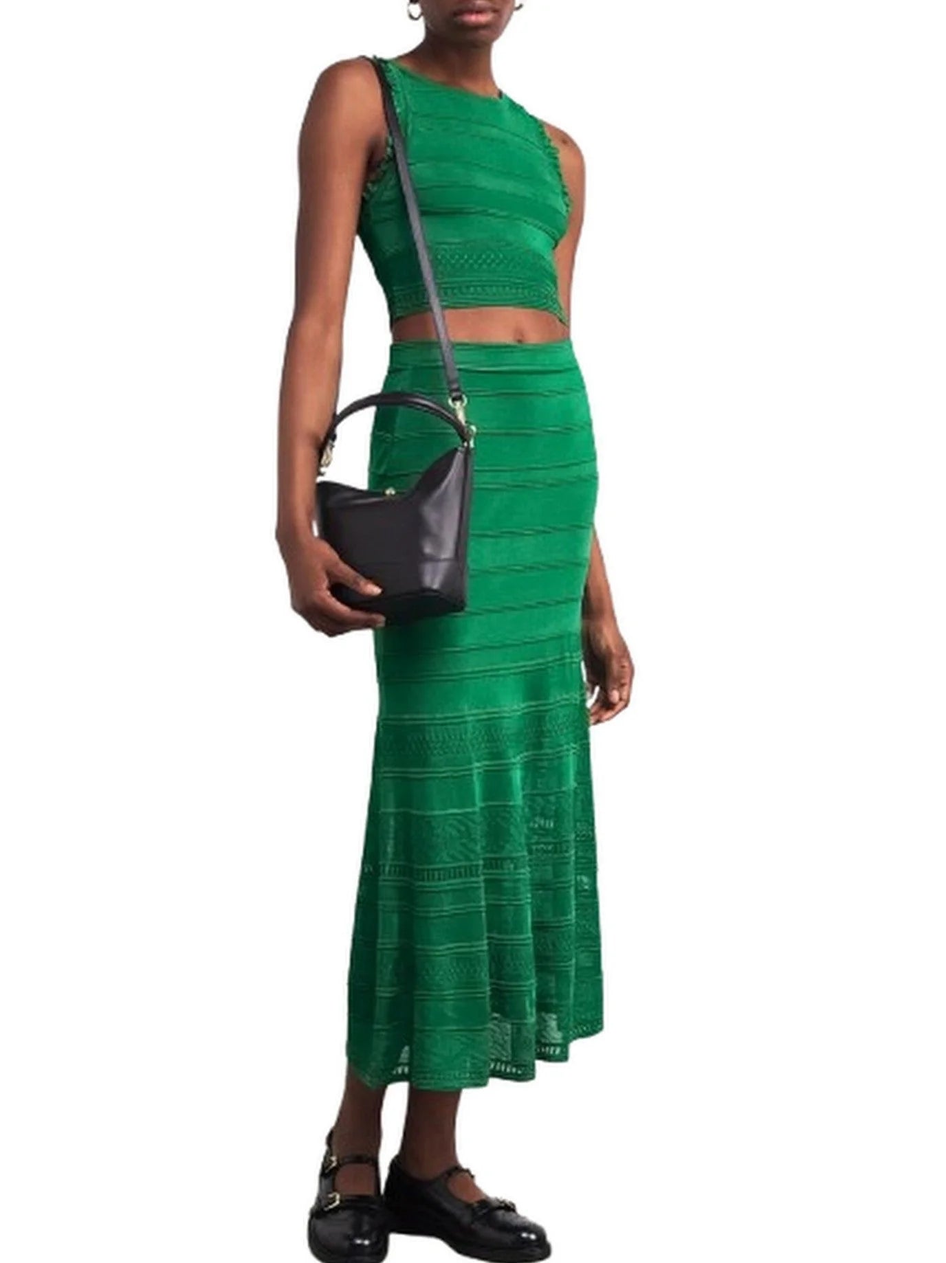 Green Knit Paneled Crop Top and Skirt Set - Suits & Sets