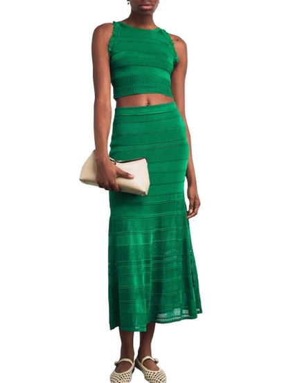 Green Knit Paneled Crop Top and Skirt Set - Suits & Sets