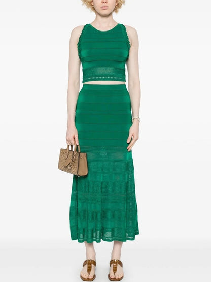 Green Knit Paneled Crop Top and Skirt Set - Suits & Sets