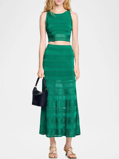 Green Knit Paneled Crop Top and Skirt Set - Suits & Sets