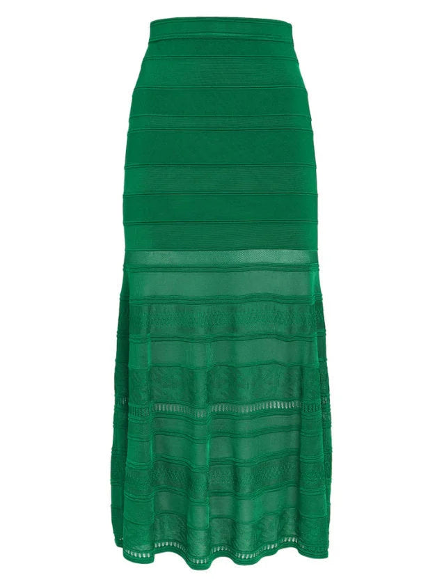 Green Knit Paneled Crop Top and Skirt Set - Suits & Sets