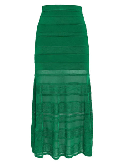 Green Knit Paneled Crop Top and Skirt Set - Suits & Sets