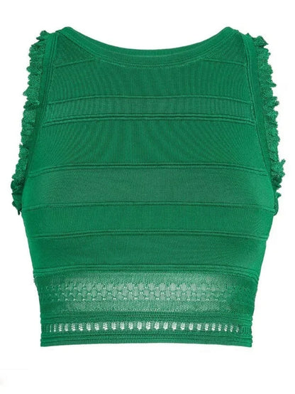 Green Knit Paneled Crop Top and Skirt Set - Suits & Sets