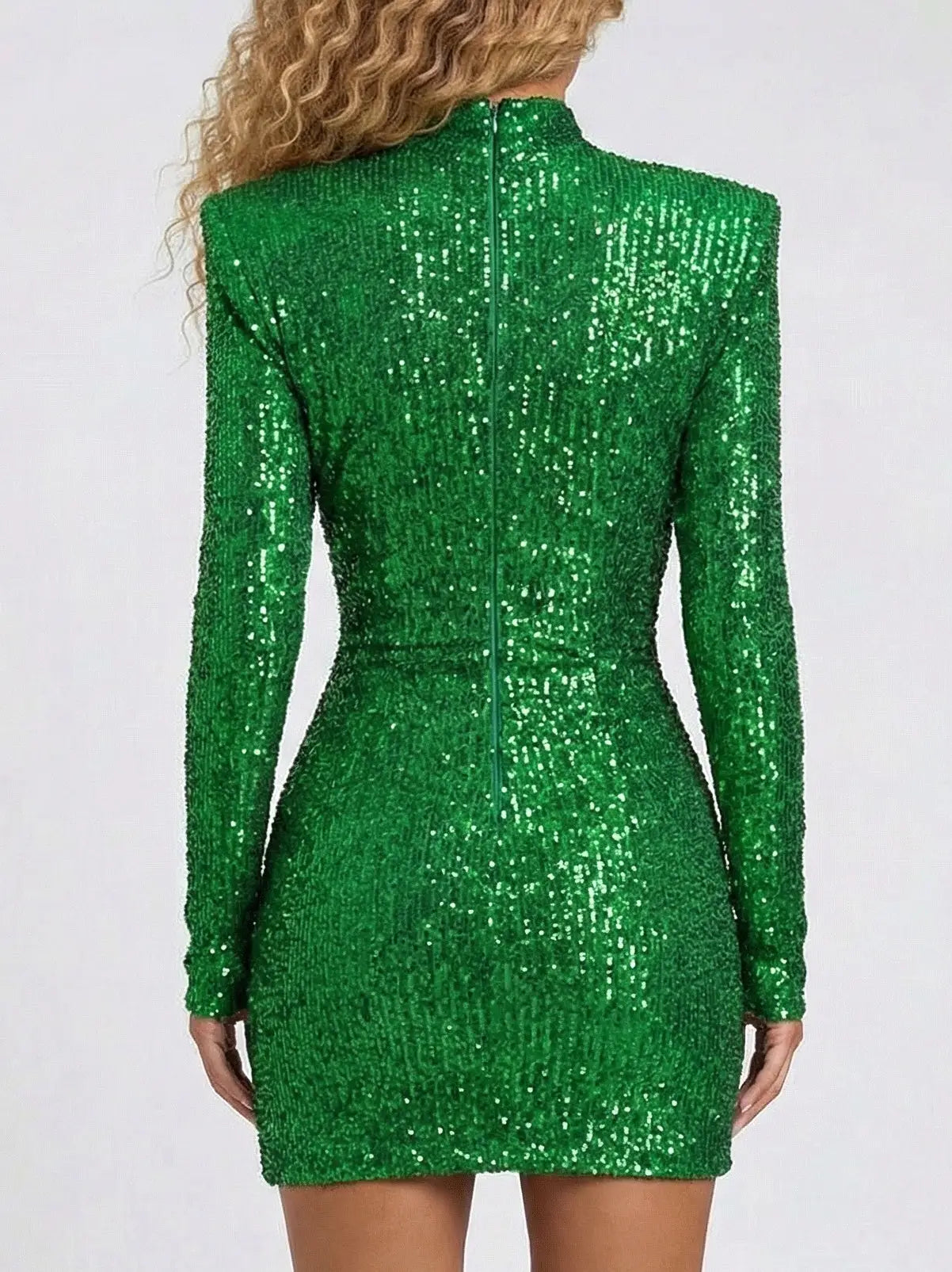 Green Sequin Ruched Long-Sleeve Mini Dress - Dresses
