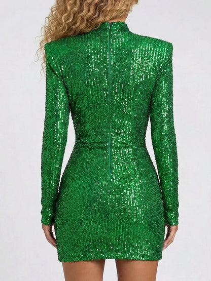 Green Sequin Ruched Long-Sleeve Mini Dress - Dresses