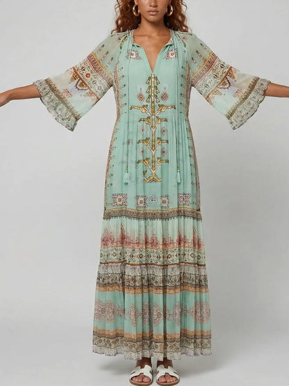 Green Silk Kaftan-Style Maxi Dress with Border Print - Dresses