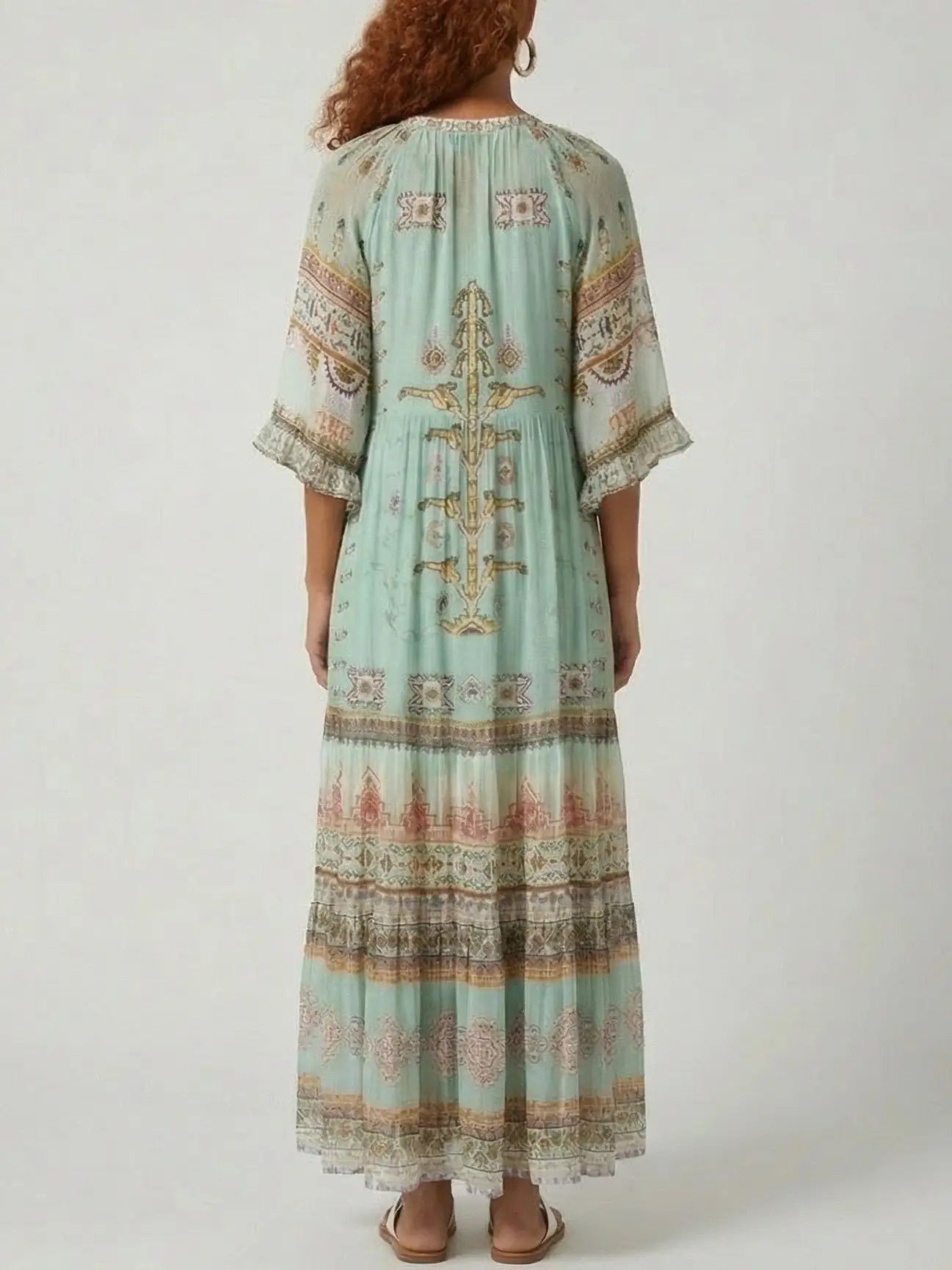 Green Silk Kaftan-Style Maxi Dress with Border Print - Dresses