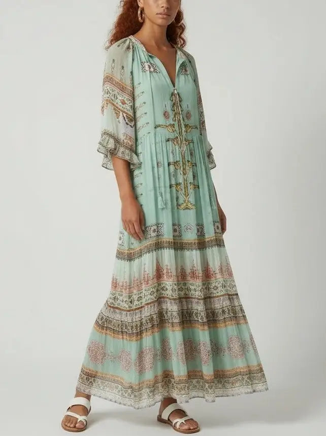 Green Silk Kaftan-Style Maxi Dress with Border Print - Dresses