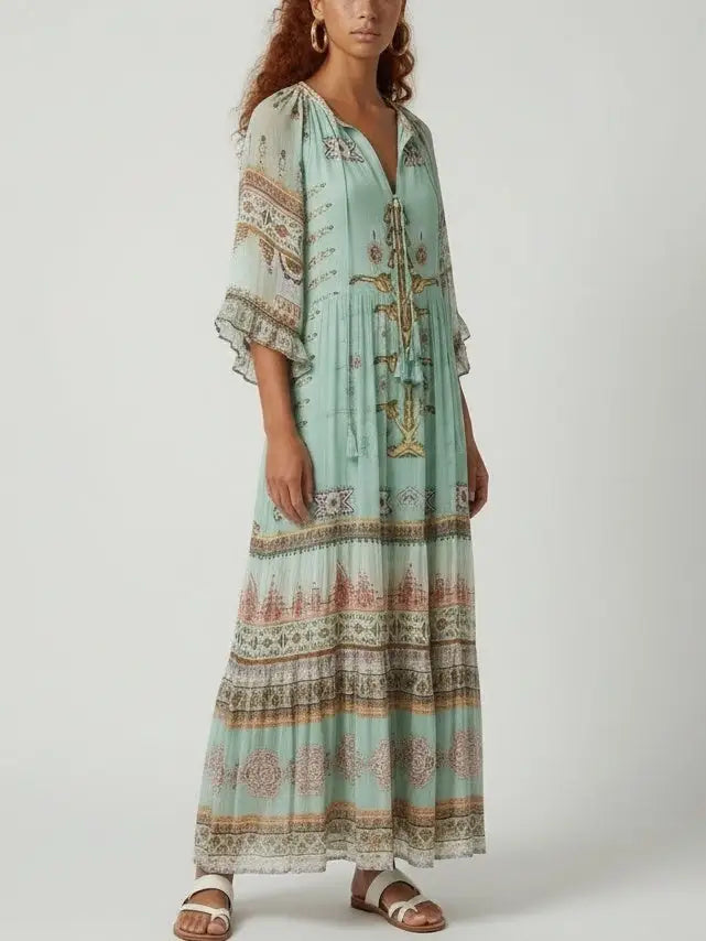 Green Silk Kaftan-Style Maxi Dress with Border Print - Dresses