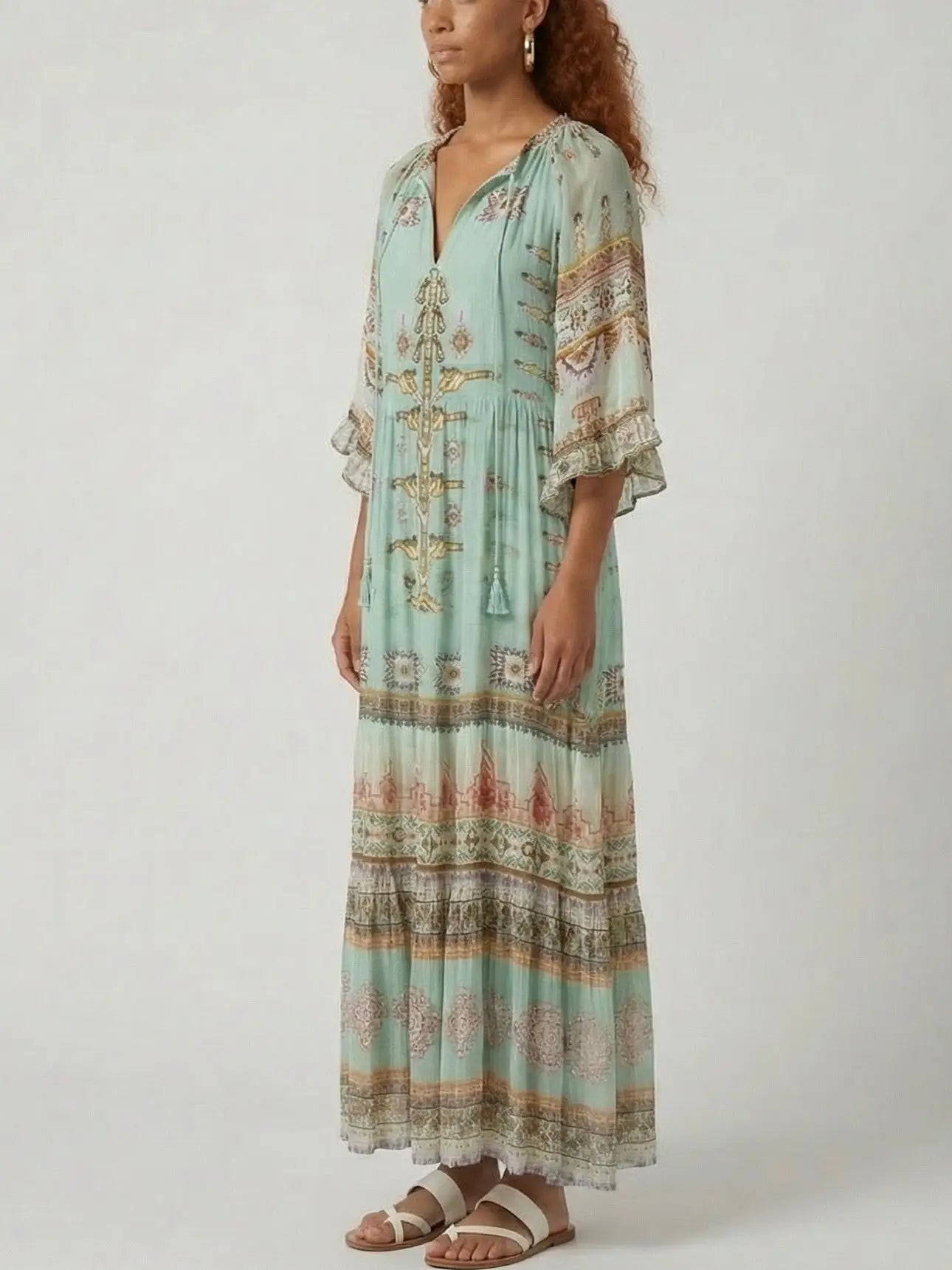 Green Silk Kaftan-Style Maxi Dress with Border Print - Dresses