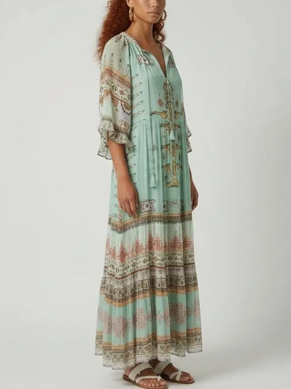 Green Silk Kaftan-Style Maxi Dress with Border Print - Dresses