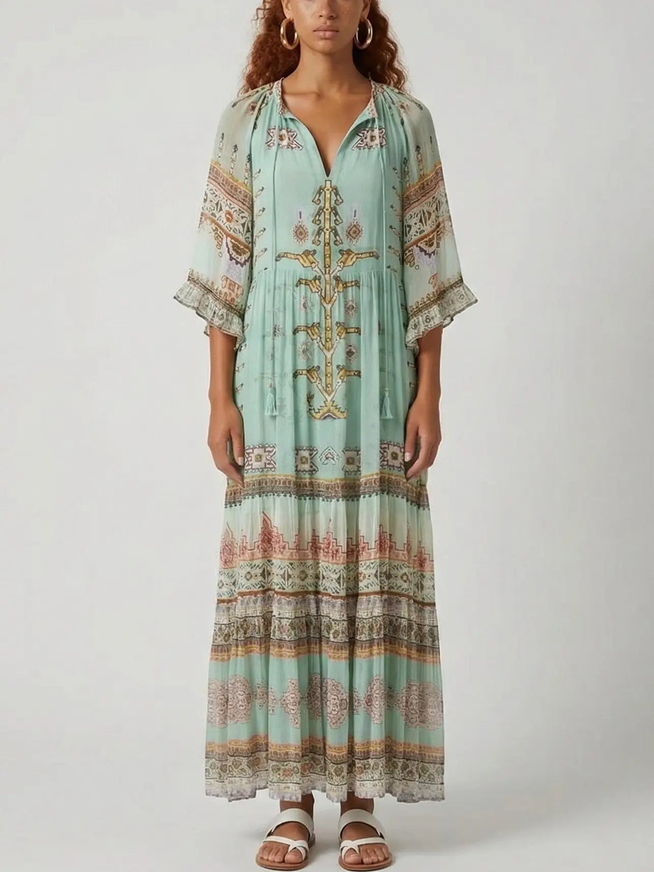 Green Silk Kaftan-Style Maxi Dress with Border Print - S - Dresses