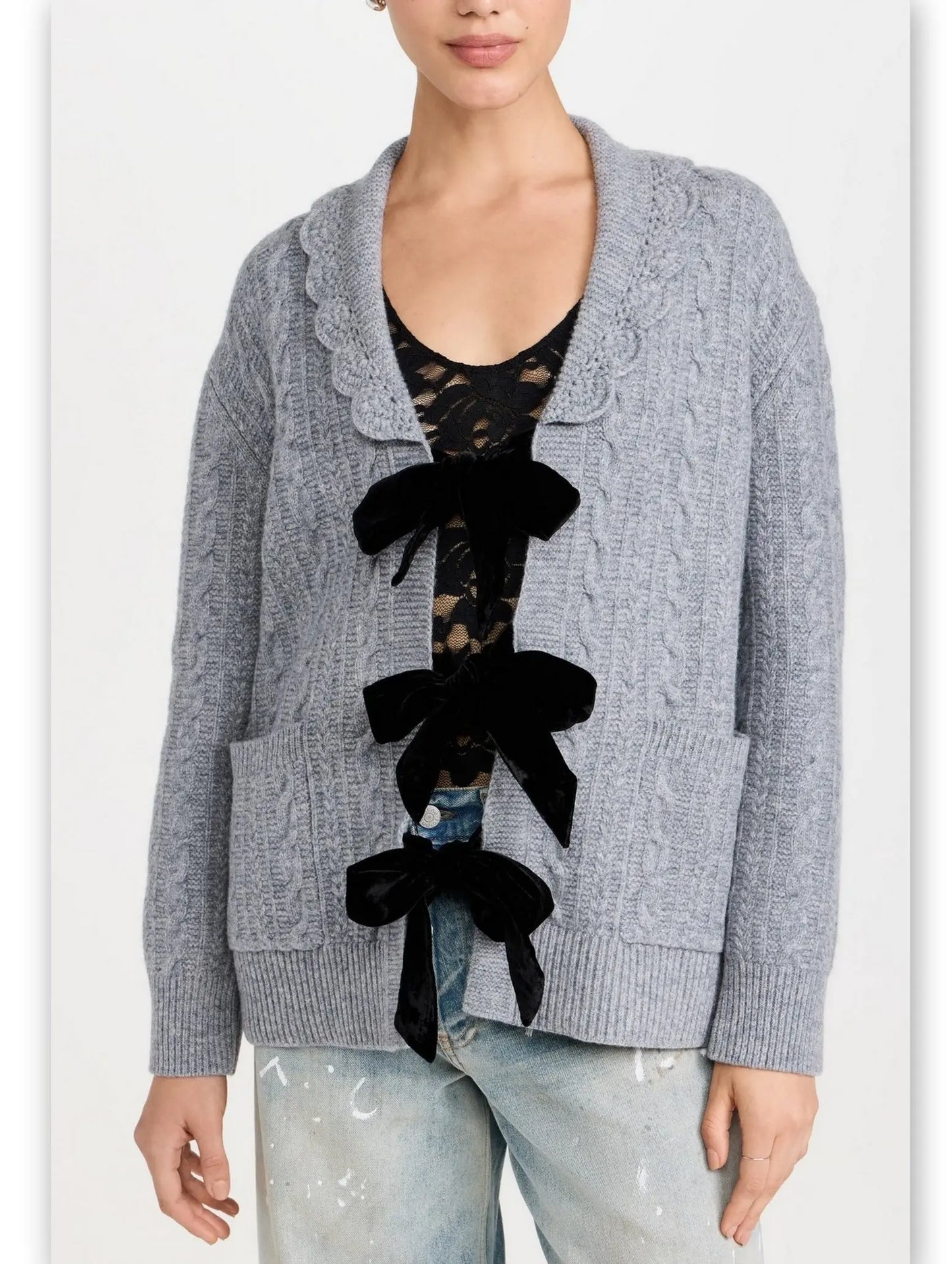 Grey Wool Cardigan with Velvet Bow Tie Closure Branna Couture