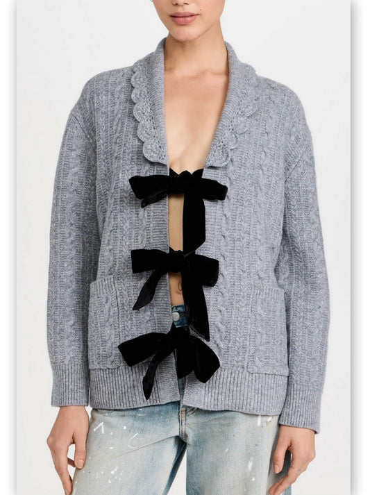 Grey Wool Cardigan with Velvet Bow Tie Closure Branna Couture