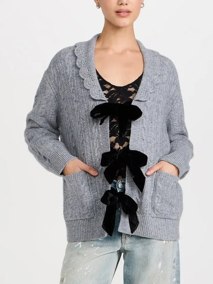 Grey Wool Cardigan with Velvet Bow Tie Closure Branna Couture