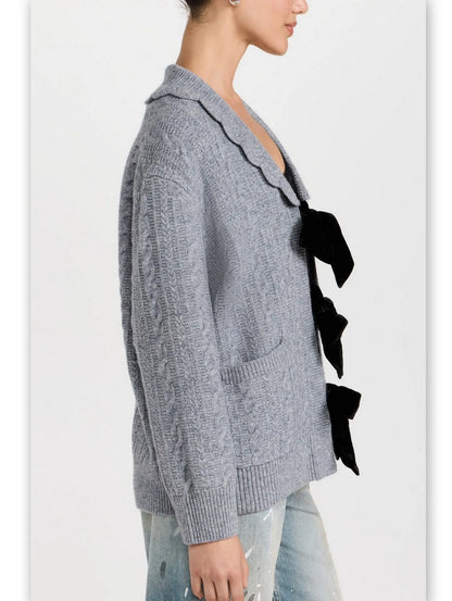 Grey Wool Cardigan with Velvet Bow Tie Closure Branna Couture