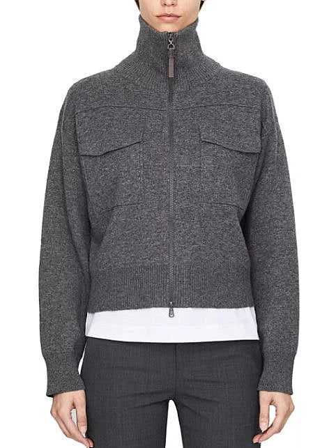 Grey Cashmere Knit Jacket with Zipper Pull - Small - Jackets