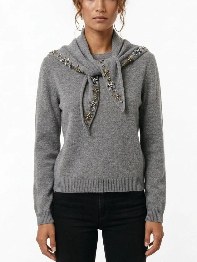 Grey Cashmere Sweater with Crystal Embellished Scarf - Small - Sweaters & Knitwear