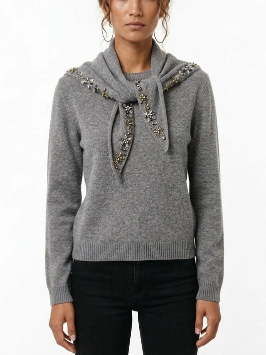 Grey Cashmere Sweater with Crystal Embellished Scarf - Small - Sweaters & Knitwear