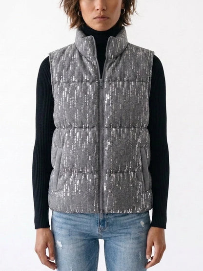 Grey Quilted Vest with Sequin Detailing - Small - Jackets