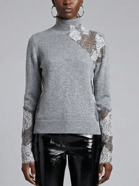 Grey Turtleneck Sweater with Sheer Lace Panels - Small - Sweaters & Knitwear