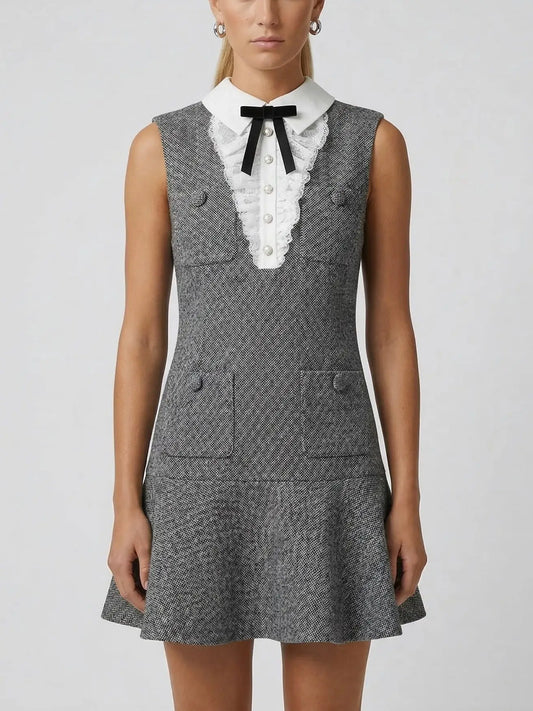 Grey Tweed Mini Dress with Collar & Bow - Small - Dresses