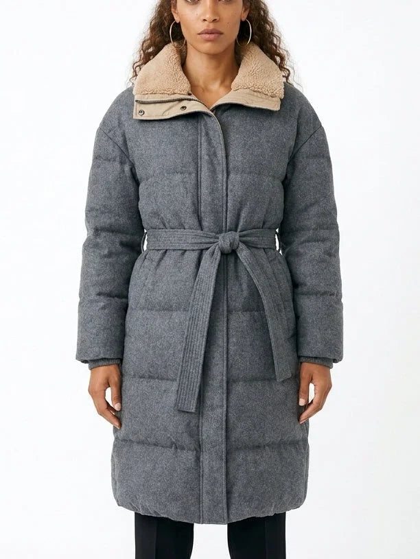 Grey Virgin Wool Down Puffer Coat with Shearling Collar - S - Coats