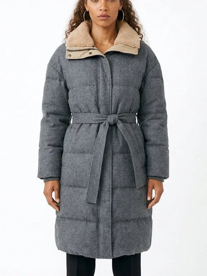Grey Virgin Wool Down Puffer Coat with Shearling Collar - S - Coats