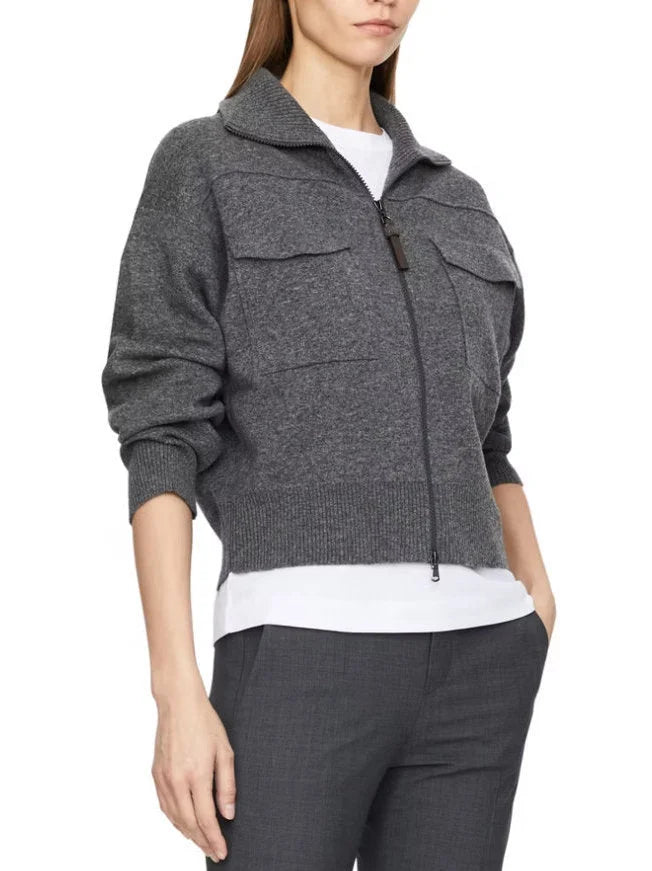 Grey Cashmere Knit Jacket with Zipper Pull - Jackets