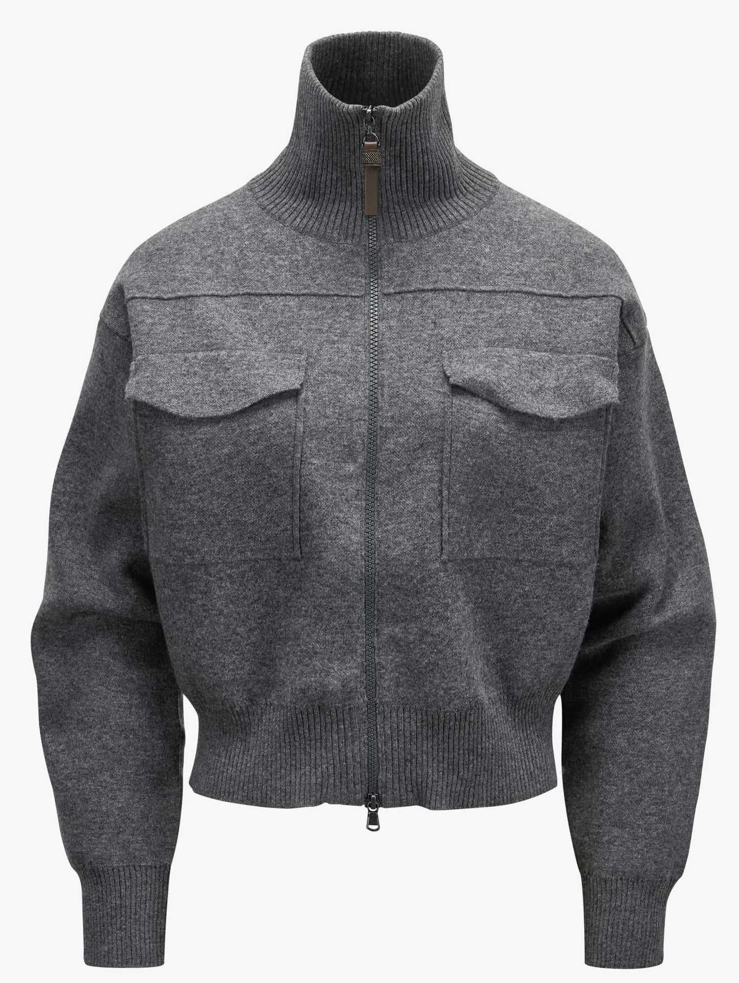 Grey Cashmere Knit Jacket with Zipper Pull - Jackets